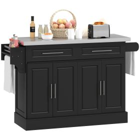 Portable Kitchen Island Cart, Black, on Wheels with Stainless Steel Top, Storage Cabinets, Spice Rack