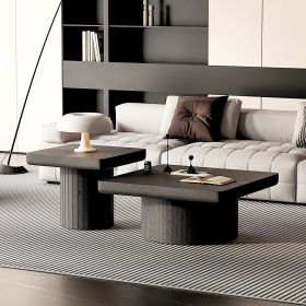 Modern Wood Nesting Coffee Table Set, 2-Piece Coffee Table with Cylindrical & Fluted Pedestal