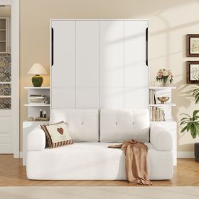 Queen Size Wall Murphy Bed with Sofa and Storage Cabinets, Space-Saving Wall Bed for Home Office & Guest Room, White