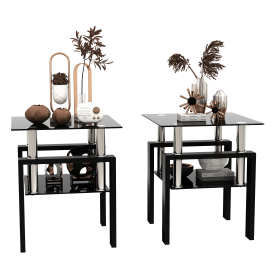 Set of 2, Modern Tempered Glass Tea Table Coffee Table End Table, Square Table for Living Room, Black