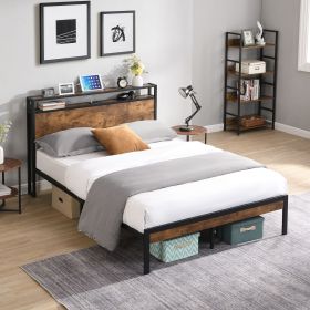 Full Size Metal Platform Bed Frame with Wooden Headboard and Footboard with USB LINER, No Box Spring Needed, Large Under Bed Storage, Easy Assemb