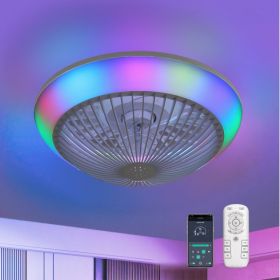 15 Inch RGB Dimmable LED Enclosed Ceiling Fan With Light, Modern Bladeless 6-speed Remote Control Suitable For Bedrooms, Children's Rooms, Partie (Option: White)