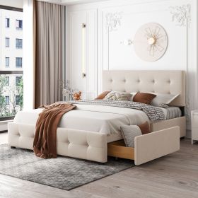 Upholstered Platform Bed with Classic Headboard and 4 Drawers;  No Box Spring Needed;  Linen Fabric;  Queen Size (Color: beige)