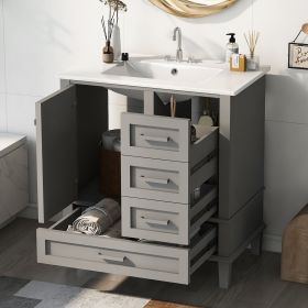 30" Bathroom Vanity , Modern Bathroom Cabinet with Sink Combo Set, Bathroom Storage Cabinet with a Soft Closing Door and 3 Drawers, Solid Wood Fr (Color: Grey, Material: Solid Wood+MDF)