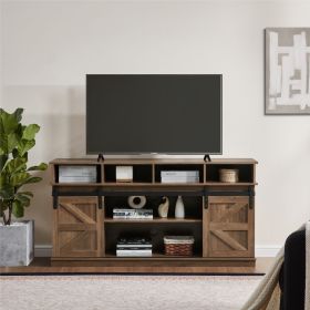 TV Stand Sliding Barn Door Modern&Farmhouse Wood Entertainment Center, Storage Cabinet Table Living Room with Adjustable Shelves for TVs Up to 65 (Main Color: Brown, Main Material: MDF+Metal)